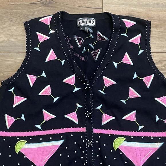 Berek Cosmo Cocktail Sweater Vest SZ Small Button Up Black Pink Martini y2k Vtg - Picture 2 of 10